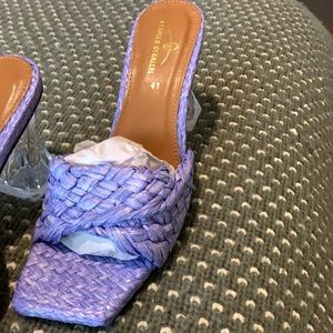 Purple lilac slip on sandals with clear heel